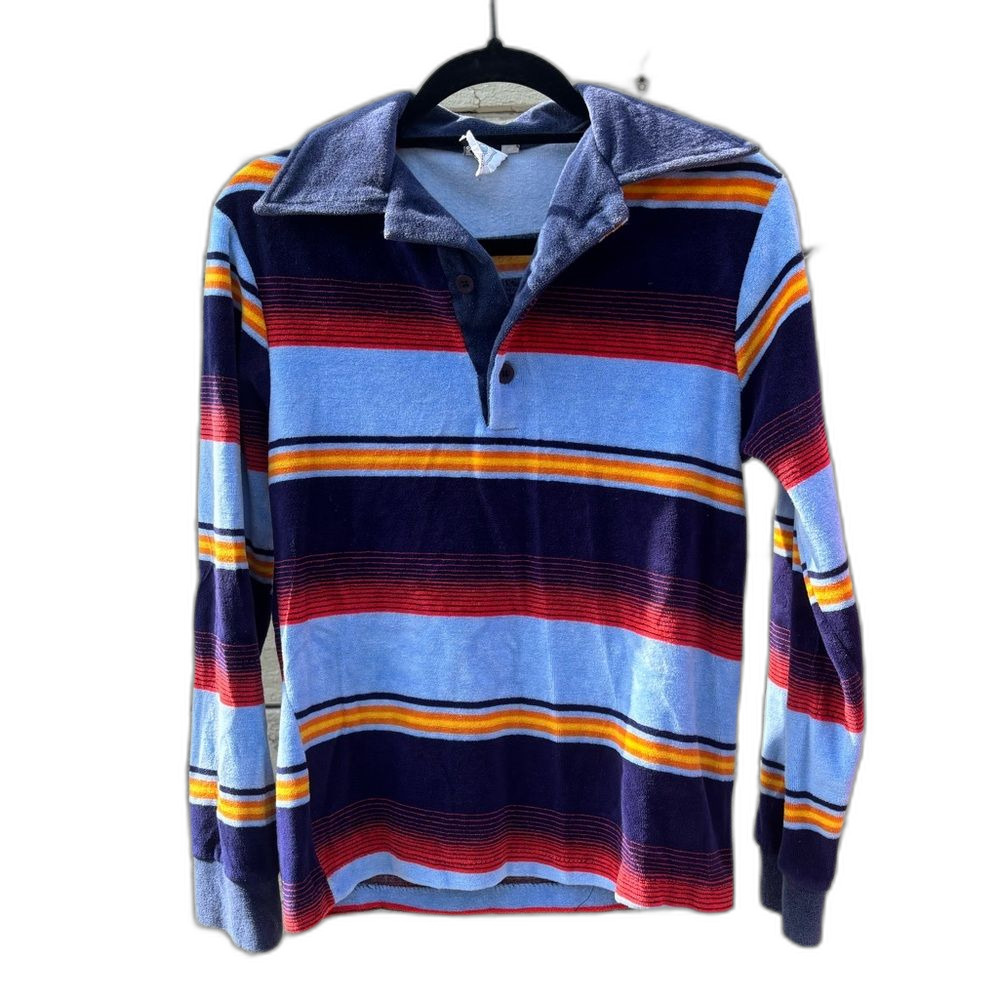 VINTAGE 70s RARE Ninth Street East Velour Striped Multicolor Collared Top